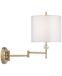 Possini Euro Design Kohle Modern Swing Arm Wall Lamp Polished Brass Plug-in Light Fixture White Inner Sheer Outer Drum Shade for Bedroom Bedside House