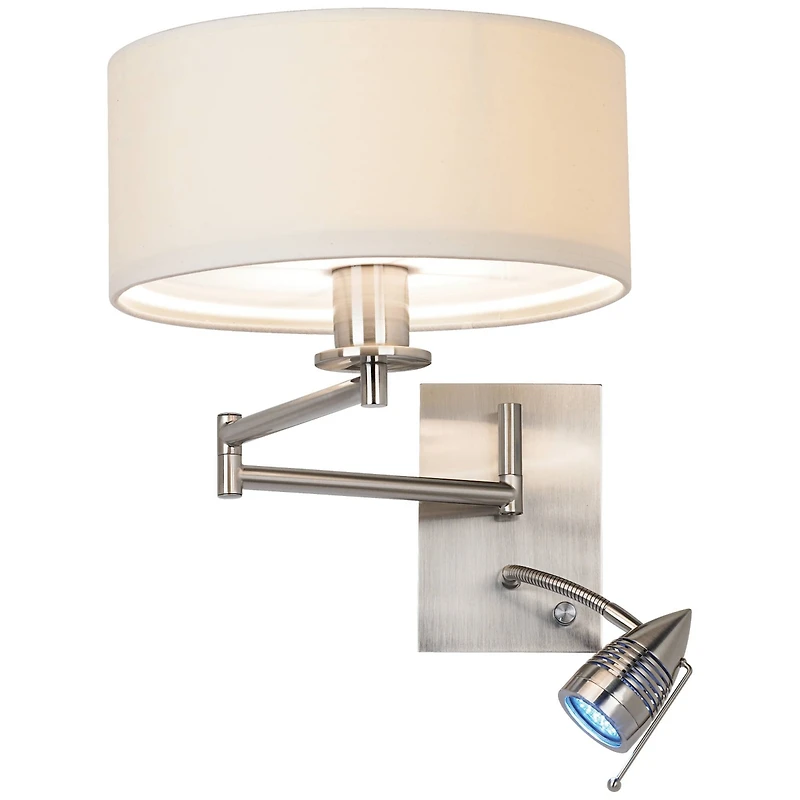 Possini Euro Design Tesoro Modern Swing Arm Wall Lamp with Led Reading Arm Brushed Nickel Plug-in Light Fixture Off White Drum Shade for Bedroom Home