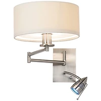 Possini Euro Design Tesoro Modern Swing Arm Wall Lamp with Led Reading Arm Brushed Nickel Plug-in Light Fixture Off White Drum Shade for Bedroom Home