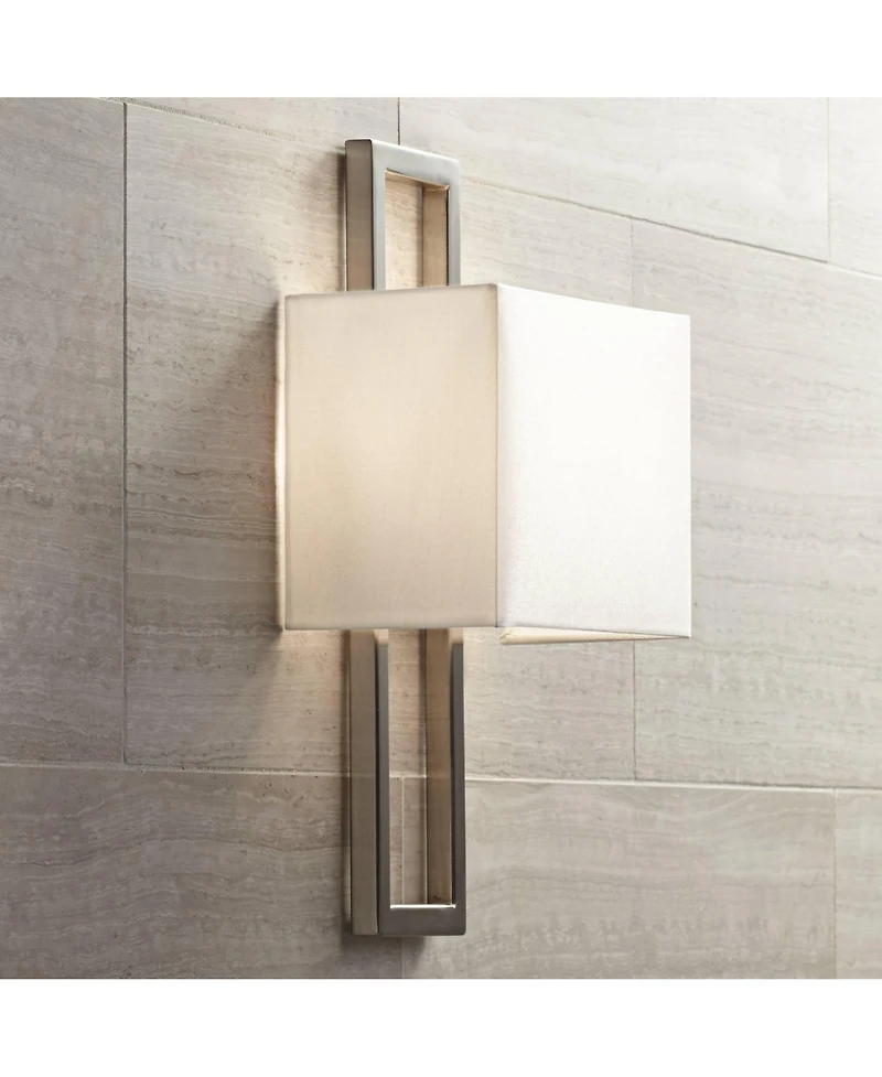 Possini Euro Design Modern Wall Light Sconce Brushed Nickel Hardwired 15 1/2" High Fixture Faux Silk for Bedroom Bathroom Hallway