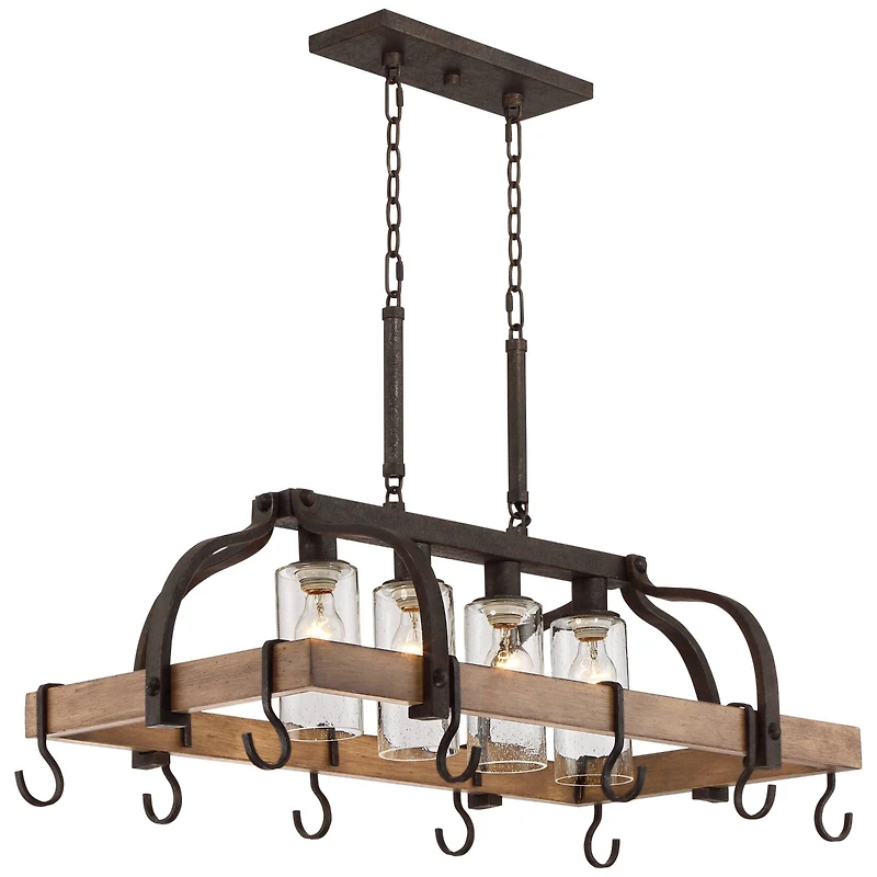 Franklin Iron Works Eldrige Bronze Wood Finish Pot Rack Linear Pendant Chandelier Lighting 36 1/2" Wide Rustic Farmhouse Clear Seed Glass 4-Light Fixt