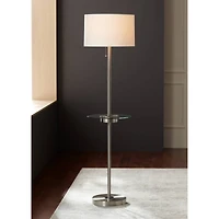 360 Lighting Caper Modern Floor Lamp with Tray Table 60 1/2" Tall Brushed Nickel Usb and Ac Power Outlet Off White Fabric Drum Shade for Living R