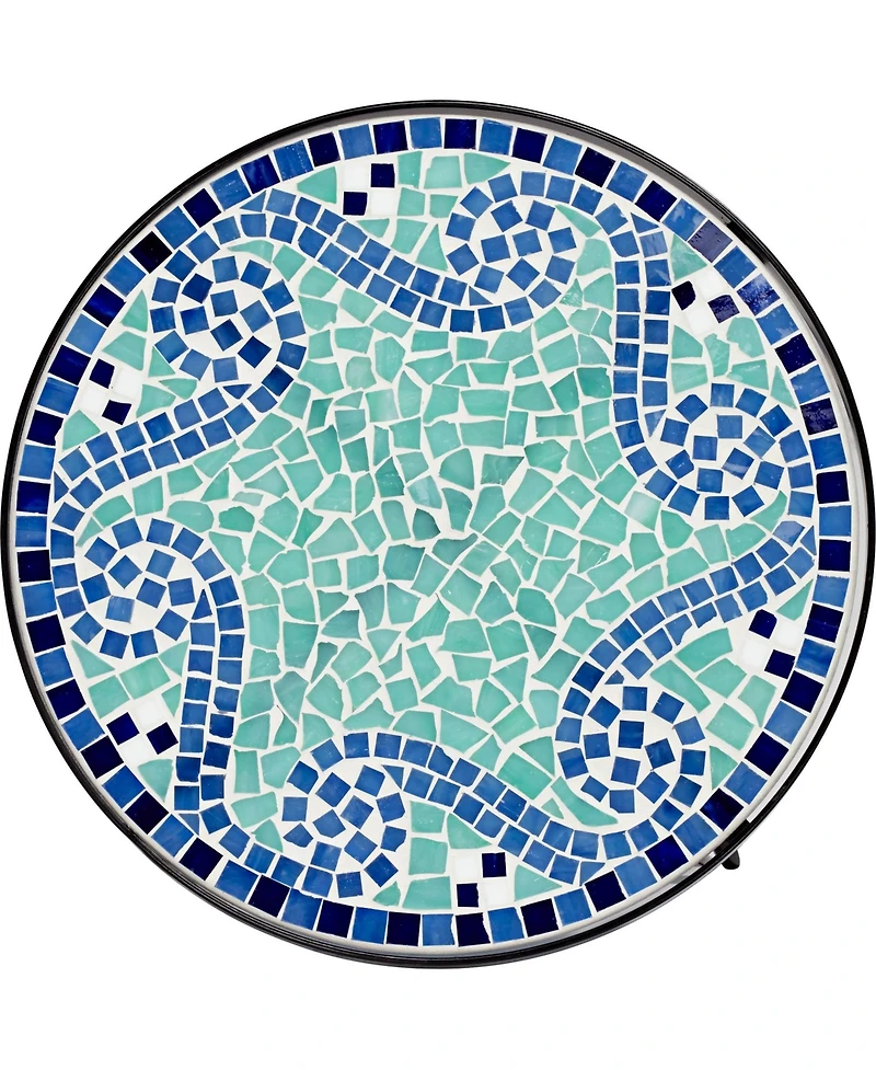 Ocean Wave Modern Industrial Black Iron Metal Round Outdoor Accent Side Table 14" Wide Light Green Mosaic Tile Tabletop Gracefully Curved Legs for Por