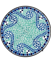 Ocean Wave Modern Industrial Black Iron Metal Round Outdoor Accent Side Table 14" Wide Light Green Mosaic Tile Tabletop Gracefully Curved Legs for Por