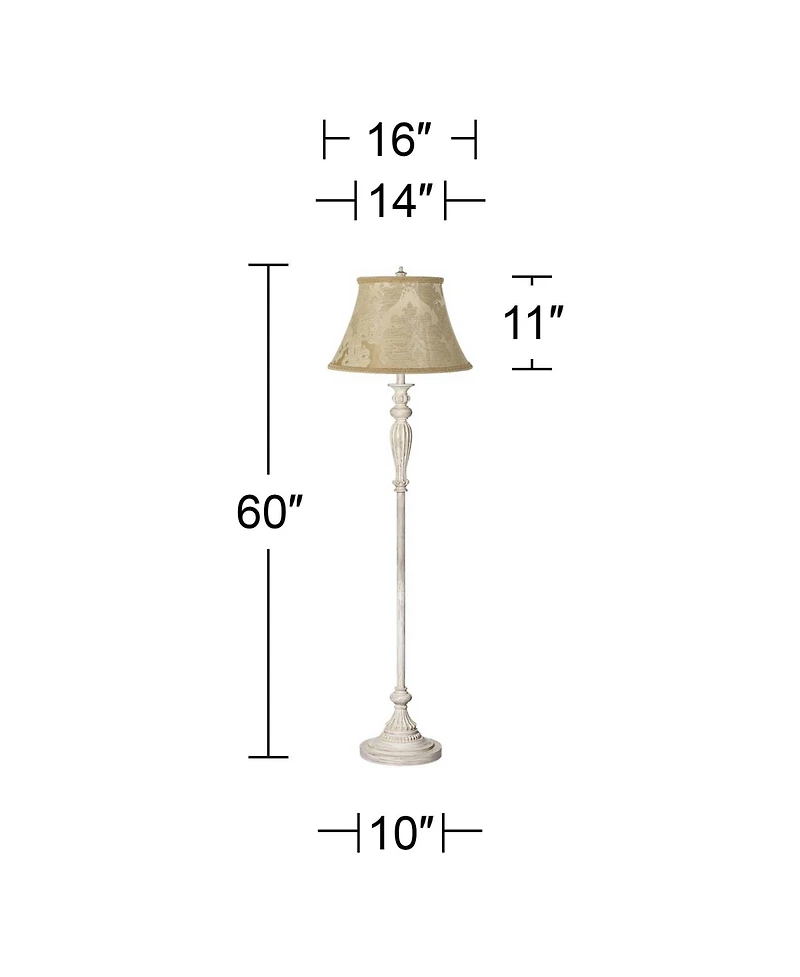 Traditional Vintage like Shabby Chic Standing Floor Lamp 60" Tall Antique White Washed with Ivory Brocade Fabric Bell Shade Decor for Living Room
