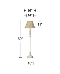 Traditional Vintage like Shabby Chic Standing Floor Lamp 60" Tall Antique White Washed with Ivory Brocade Fabric Bell Shade Decor for Living Room