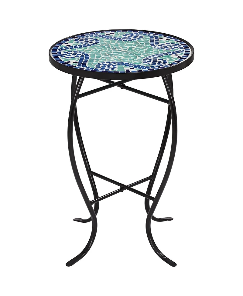 Teal Island Designs Black Round Outdoor Accent Side Tables 14" Wide Set of 2 Blue Wave Mosaic Tabletop Front Porch Patio Home House