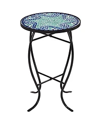 Teal Island Designs Black Round Outdoor Accent Side Tables 14" Wide Set of 2 Blue Wave Mosaic Tabletop Front Porch Patio Home House