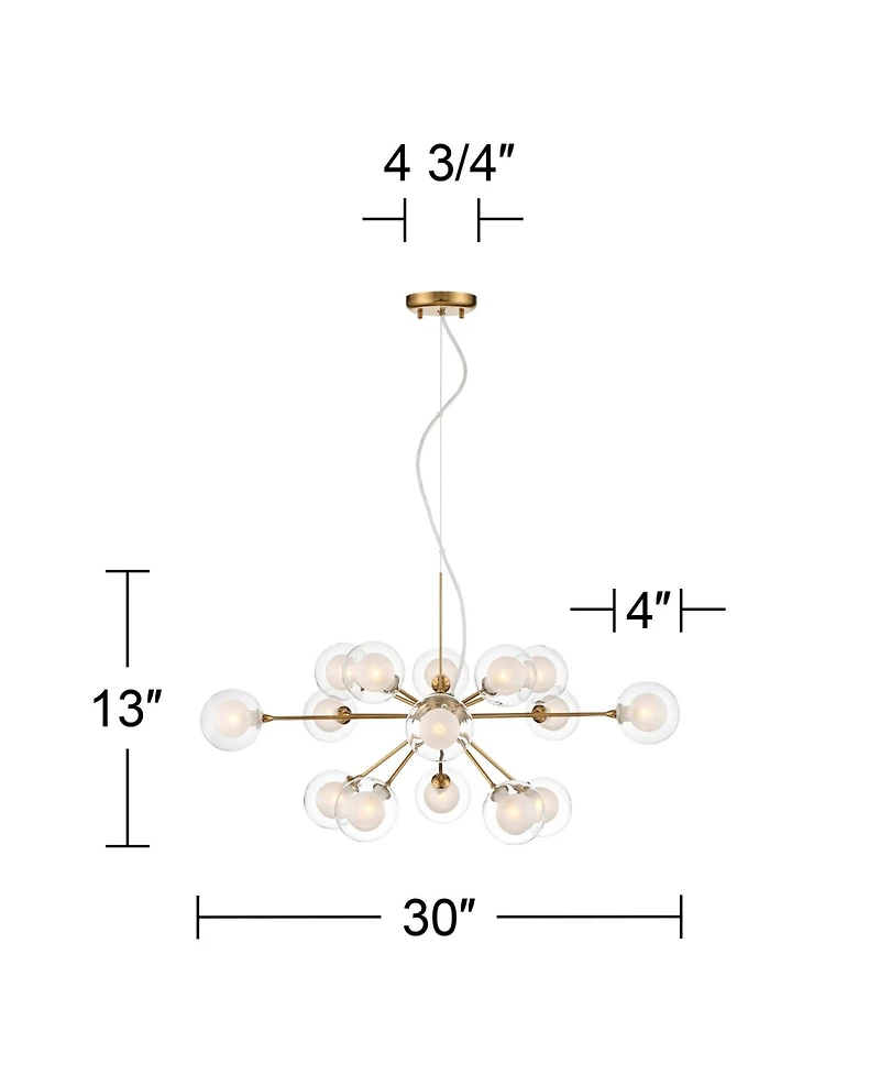 Spheres Antique Brass Sputnik Pendant Chandelier 30" Wide Mid-Century Modern Clear Outer Frosted Inner Glass 15-Light Fixture Dining Room House F