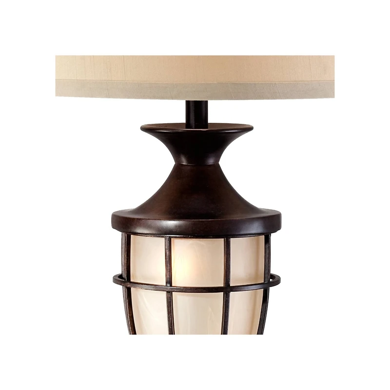 John Timberland Mission Table Lamp with Nightlight 33" Tall Champagne Glass Brushed Iron Cage Beige Fabric Shade for Living Room Family