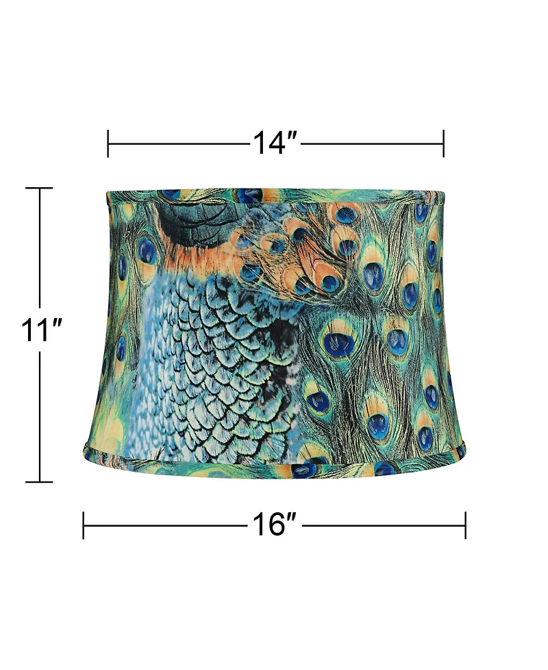 Springcrest Peacock Print Medium Drum Lamp Shade 14" Top x 16" Bottom x 11" Slant (Spider) Replacement with Harp and Finial