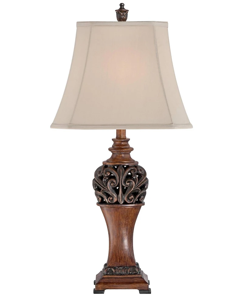 Regency Hill Exeter Traditional Table Lamps 30" Tall Set of 2 Bronze Wood Carved Leaf Cream Rectangular Bell Shade for Bedroom Living Room Bedsid