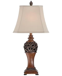 Regency Hill Exeter Traditional Table Lamps 30" Tall Set of 2 Bronze Wood Carved Leaf Cream Rectangular Bell Shade for Bedroom Living Room Bedsid
