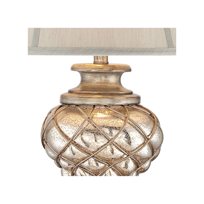 Barnes and Ivy Luke Traditional Table Lamp 33 3/4" Tall Mercury Glass with Nightlight Led Off White Mist Fabric Bell Shade for Bedroom Living Roo