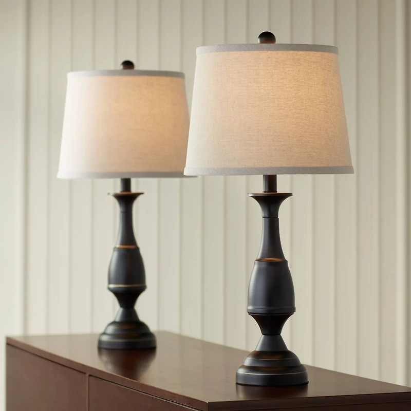 Regency Hill Ben Rustic Farmhouse Table Lamps 25" High Set of 2 Dark Bronze Metal Beige Linen Drum Shade for Bedroom Living Room Bedside Nightsta