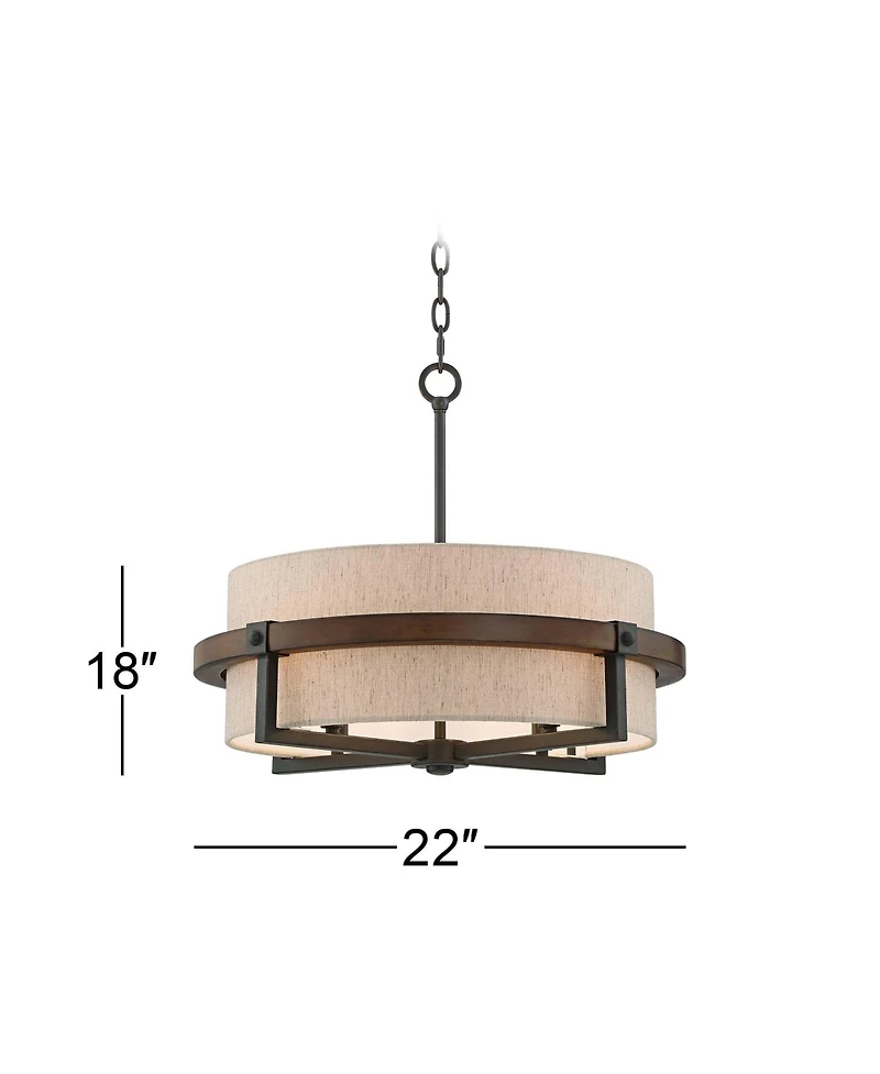 Possini Euro Design Castille Bronze Faux Wood Pendant Chandelier 22" Wide Farmhouse Rustic Tan Fabric Drum Shade 4-Light Fixture for Dining Room House