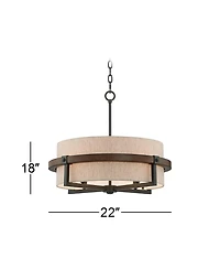 Possini Euro Design Castille Bronze Faux Wood Pendant Chandelier 22" Wide Farmhouse Rustic Tan Fabric Drum Shade 4-Light Fixture for Dining Room House
