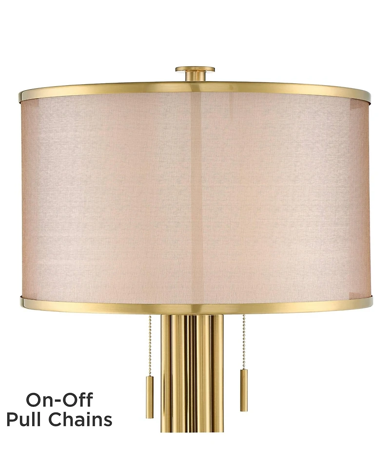 Possini Euro Design Granview Modern Table Lamp 32 1/2" Tall Brass Column Taupe Organza Outer Off White Linen Inner Drum Shade for Bedroom Living