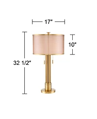 Possini Euro Design Granview Modern Table Lamp 32 1/2" Tall Brass Column Taupe Organza Outer Off White Linen Inner Drum Shade for Bedroom Living