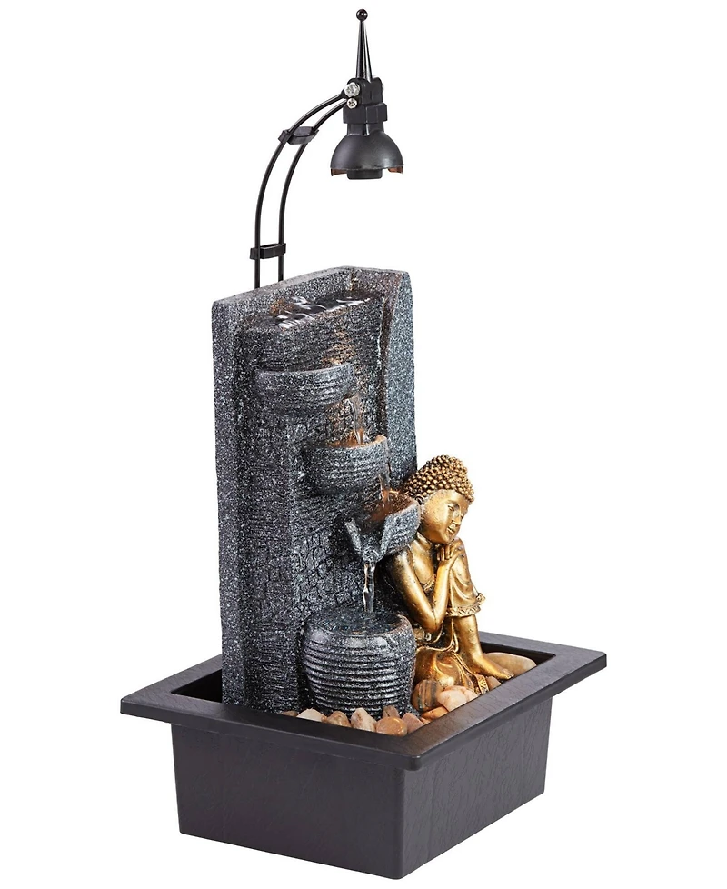 Kneeling Gold Buddha 17" High Small Zen Asian Indoor Outdoor Decor Faux Stone Tabletop Fountain with Light Led