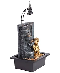 Kneeling Gold Buddha 17" High Small Zen Asian Indoor Outdoor Decor Faux Stone Tabletop Fountain with Light Led