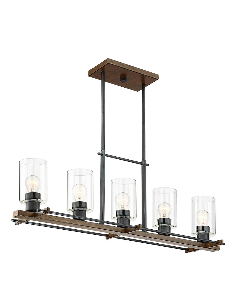Franklin Iron Works Ranger Dust Bronze Wood Linear Pendant Chandelier 36 3/4" Wide Rustic Clear Glass 5-Light Fixture for Dining Room Kitchen Isl