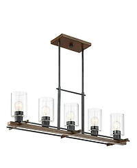 Franklin Iron Works Ranger Dust Bronze Wood Linear Pendant Chandelier 36 3/4" Wide Rustic Clear Glass 5-Light Fixture for Dining Room Kitchen Isl