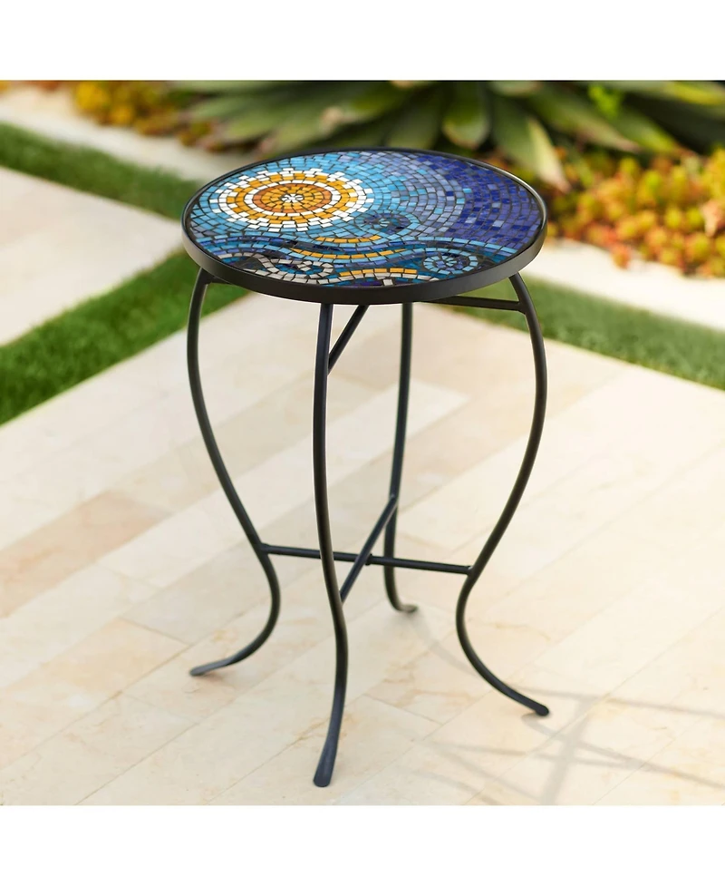 Teal Island Designs Modern Black Round Outdoor Accent Side Tables 14" Wide Set of 2 Blue Mosaic Tabletop for Front Porch Patio Home House