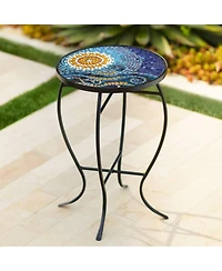 Teal Island Designs Modern Black Round Outdoor Accent Side Tables 14" Wide Set of 2 Blue Mosaic Tabletop for Front Porch Patio Home House