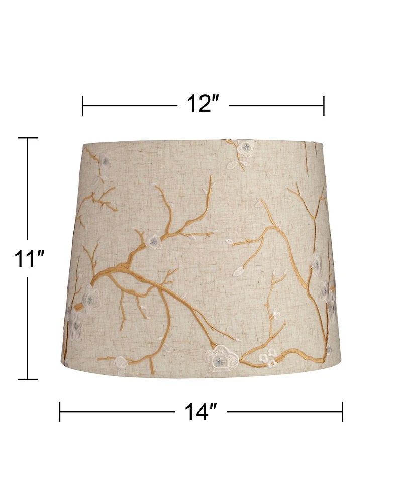 Springcrest Beige Plum Flower Embroidery Medium Drum Lamp Shade 12" Top x 14" Bottom x 11" Slant (Spider) Replacement with Harp and Fin