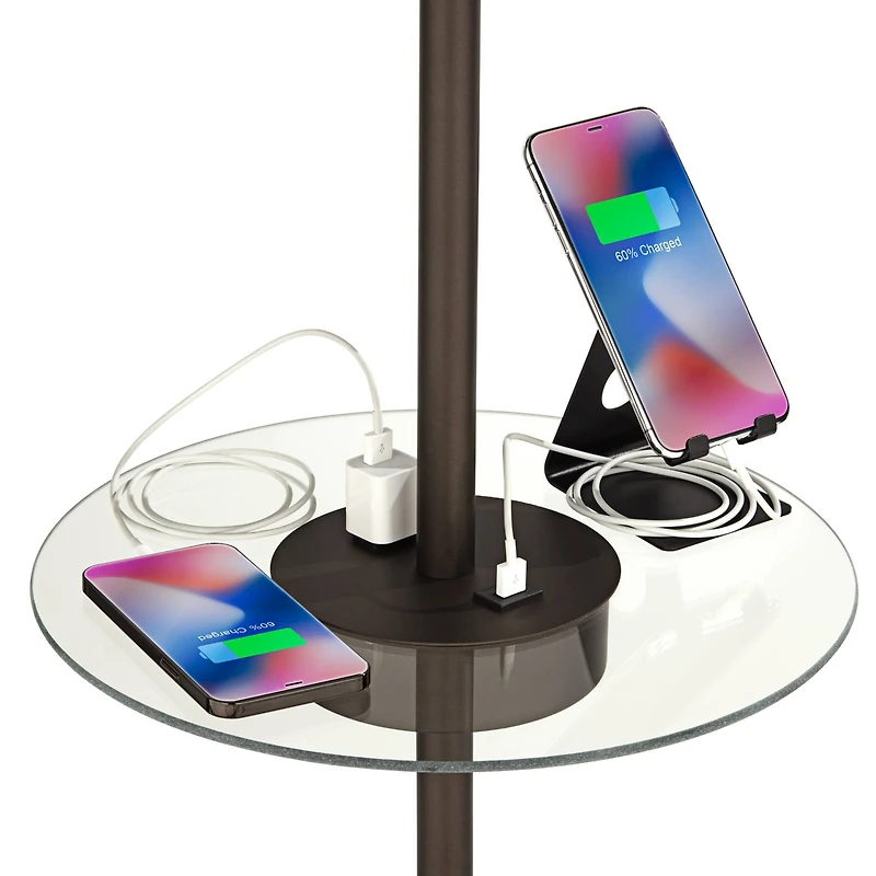 360 Lighting Caper Modern Floor Lamp with Tray Table Usb and Ac Power Outlet in Base 60.5" Tall Bronze Metal Off White Fabric Drum Shade for Living Ro