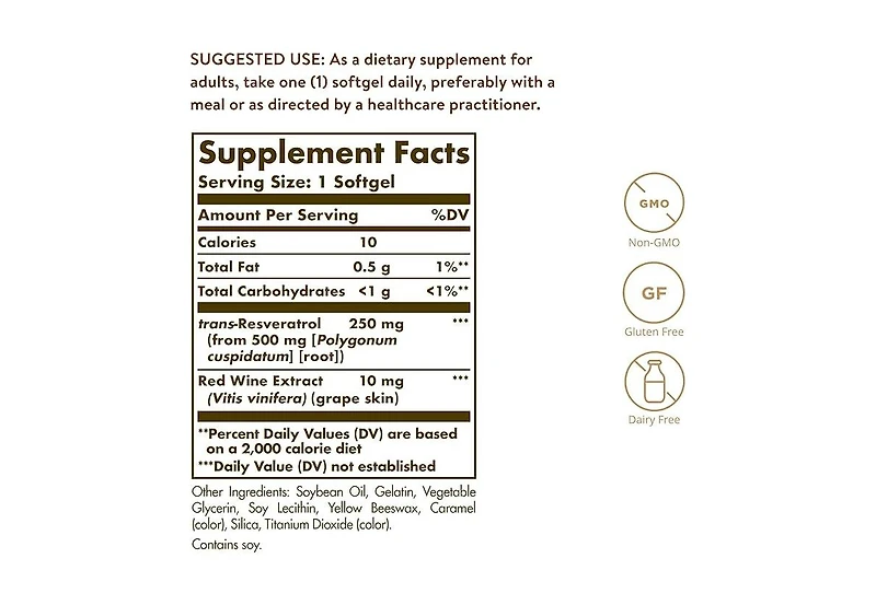 Solgar Resveratrol with Red Wine Extract, 250 mg, 60 S Gels