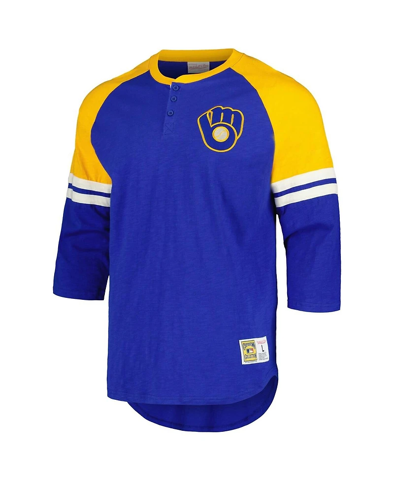 Mitchell & Ness Men's Royal Milwaukee Brewers Cooperstown Collection Legendary Raglan Slub Henley 3/4-Sleeve T-Shirt