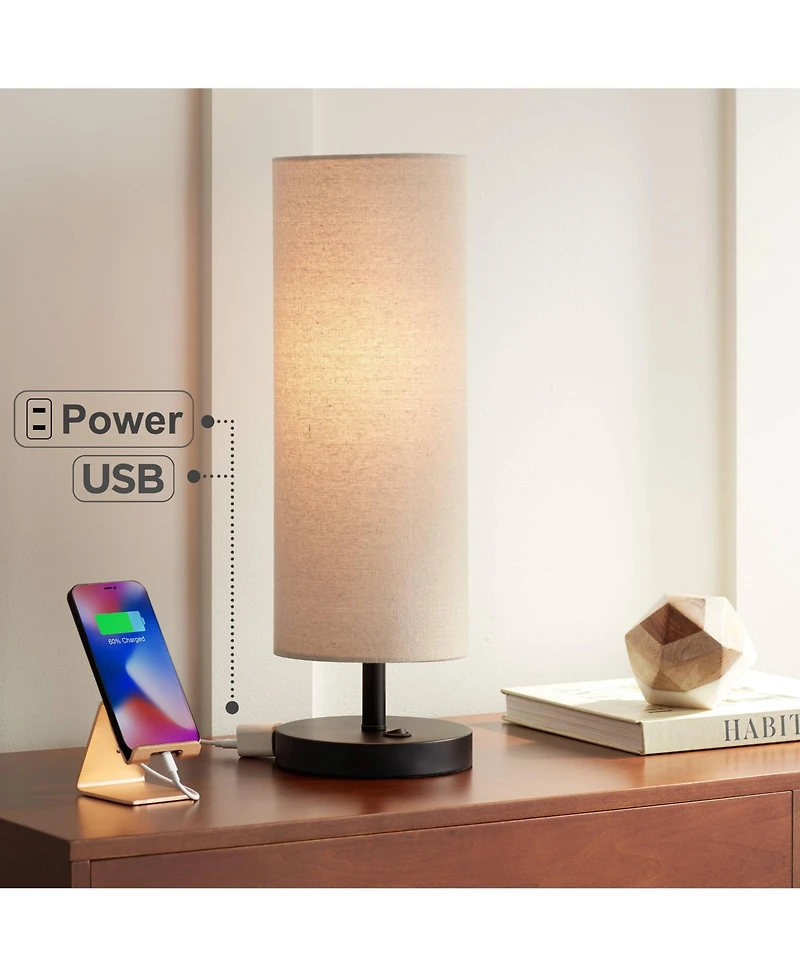 360 Lighting Heyburn Modern Accent Table Lamp 20" High Dark Bronze with Usb and Ac Power Outlet in Base Oatmeal Cylinder Shade for Bedroom Office