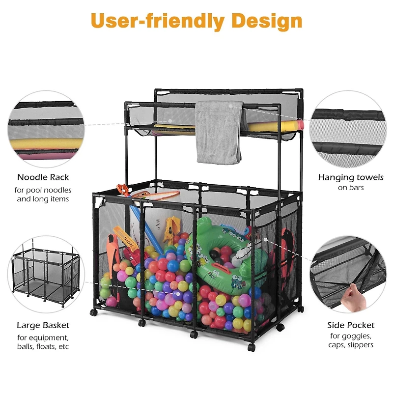 Yescom Metal Frame 10 Wheels Rolling Mesh Pool Storage Bin Xx-Large Double Decker with Noodle Holder Pool Float Storage Organizer