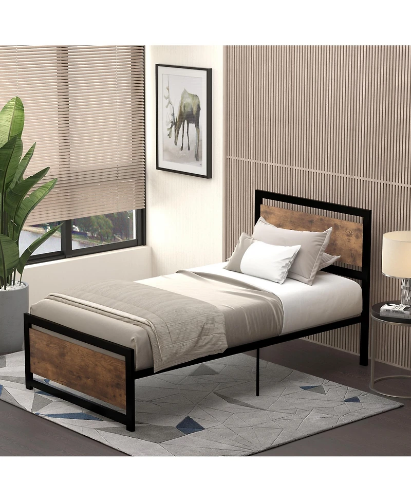 Homcom Single Platform Bed Frame with Headboard & Footboard, Strong Metal Slat Support Solid Bedstead Base w/ Underbed Storage Space, No Box Spring Ne