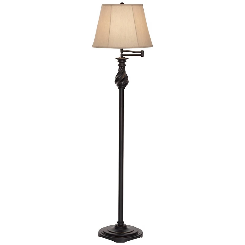 Regency Hill Traditional Swing Arm Floor Lamp 58" Tall Painted Black Bronze Swirl Font Faux Silk Beige Shade for Living Room Reading Office