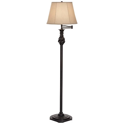 Regency Hill Traditional Swing Arm Floor Lamp 58" Tall Painted Black Bronze Swirl Font Faux Silk Beige Shade for Living Room Reading Office
