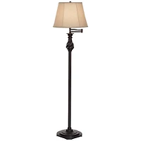 Regency Hill Traditional Swing Arm Floor Lamp 58" Tall Painted Black Bronze Swirl Font Faux Silk Beige Shade for Living Room Reading Office