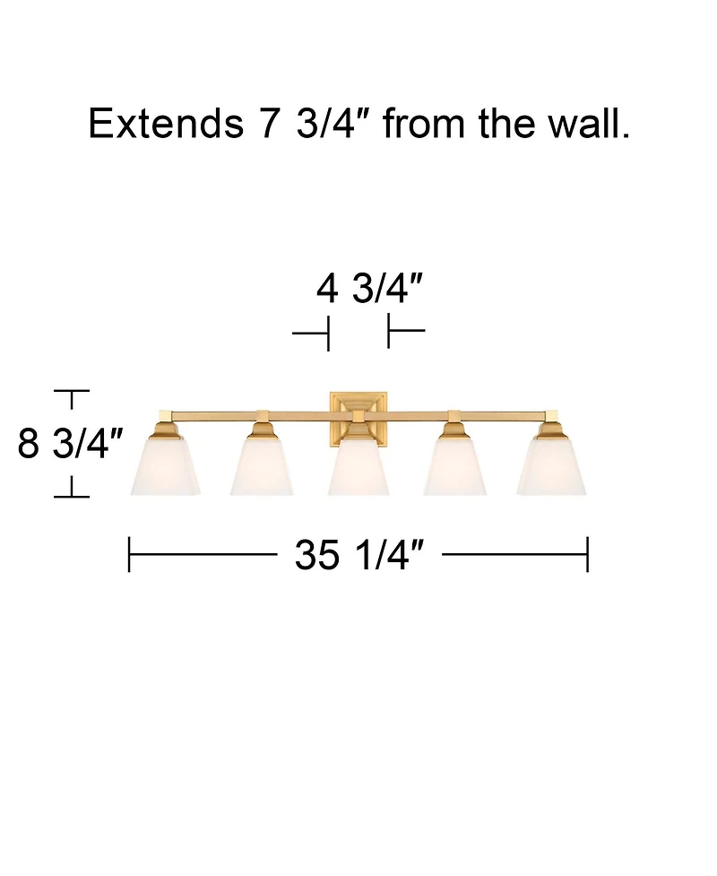 Regency Hill Mencino-Opal Modern Wall Mount Light Warm Brass Gold Metal Hardwired 35 1/4" Wide 5-Light Fixture Etched White Glass Shades for Bathroom