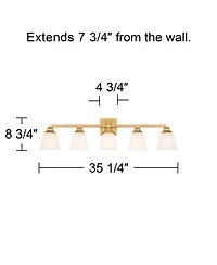 Regency Hill Mencino-Opal Modern Wall Mount Light Warm Brass Gold Metal Hardwired 35 1/4" Wide 5-Light Fixture Etched White Glass Shades for Bathroom