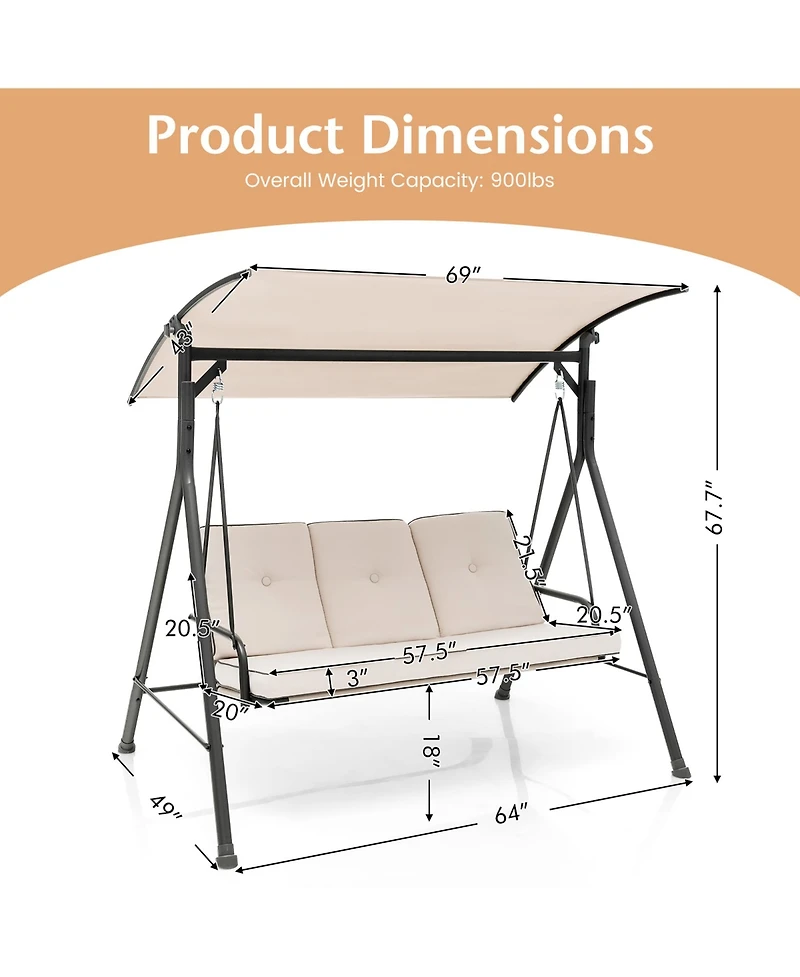 Costway 3-Person Hammock Chair Patio Porch Swing with Adjustable Canopy, Removable Cushion