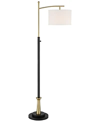 Possini Euro Design Modern Downbridge Floor Lamp 64" Tall Black Brass Metal Linen Drum Shade for Living Room Reading Bedroom Home