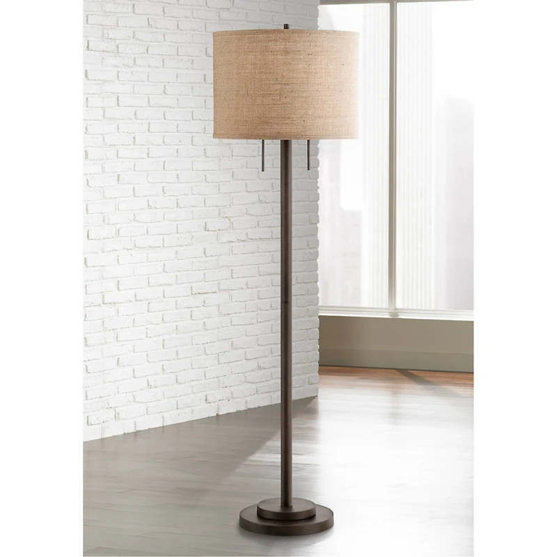 Possini Euro Design Garth Modern Floor Lamp Standing 63 1/2" Tall Oil Rubbed Bronze Burlap Fabric Drum Shade for Living Room Bedroom Office House