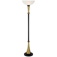 Possini Euro Design Burbank Modern Mid Century Art Deco Torchiere Floor Lamp Standing 70" Tall Black Brass Metal Frosted White Glass Bowl Shade for Li