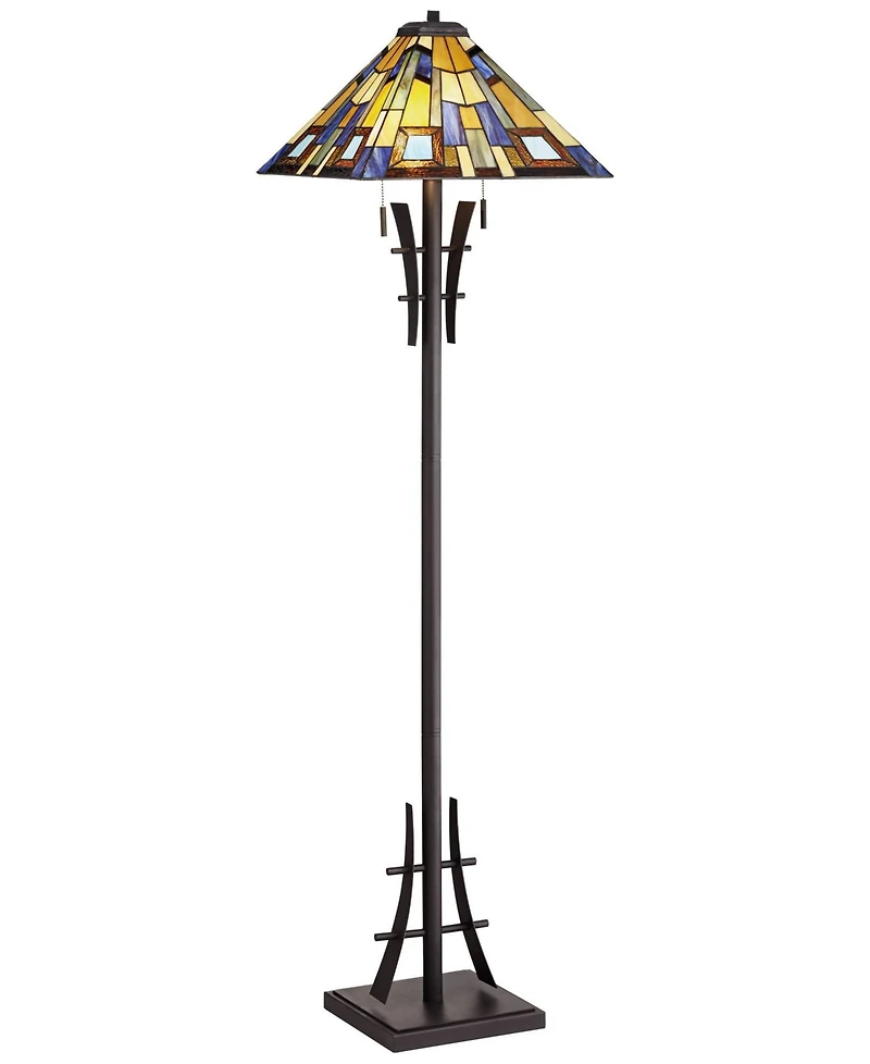 Robert Louis Tiffany Rustic Mission Asian Floor Lamp 62" Tall Bronze Iron Jewel Tone Stained Art Glass Shade for Living Room Bedroom Office House