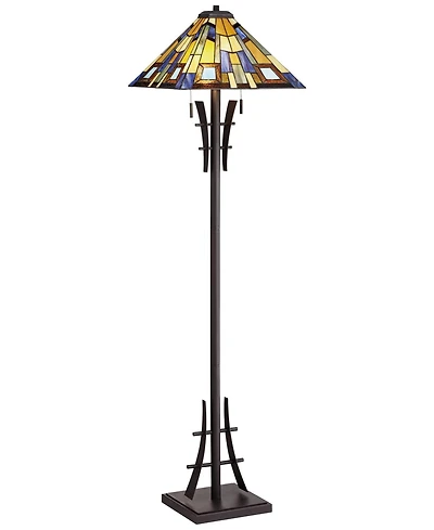 Robert Louis Tiffany Rustic Mission Asian Floor Lamp 62" Tall Bronze Iron Jewel Tone Stained Art Glass Shade for Living Room Bedroom Office House