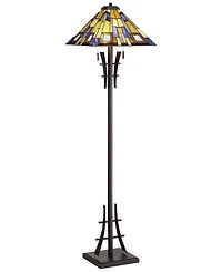 Robert Louis Tiffany Rustic Mission Asian Floor Lamp 62" Tall Bronze Iron Jewel Tone Stained Art Glass Shade for Living Room Bedroom Office House