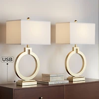 360 Lighting Modern Table Lamps 28 1/2" Tall Set of 2 with Usb Charging Port Brushed Gold Open Ring White Shade for Bedroom Living Room House Bed