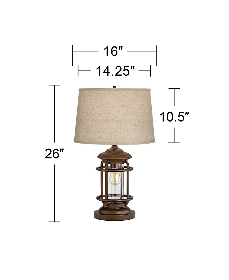 Franklin Iron Works Andreas Industrial Table Lamp 26" High Brown Metal with Nightlight Led and Usb Charging Port Oatmeal Shade for Living Room De